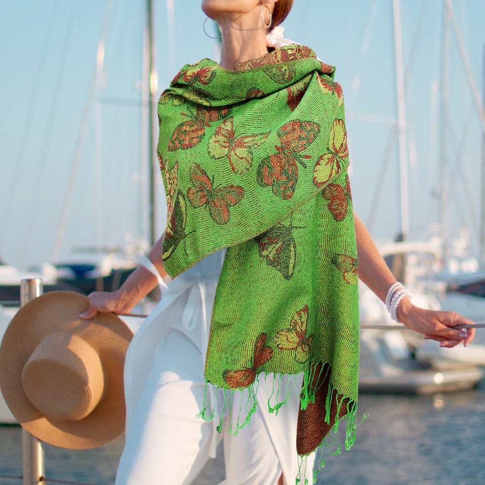 Green Metallic Butterfly Printed Pashmina Scarf Shawl - M H W ACCESSORIES LLC