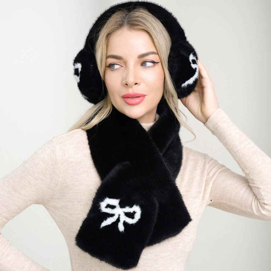 Black Bow Accent Fluffy Faux Fur Winter Scarf Earmuff Set