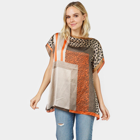 Taupe Multi Patterned Satin Poncho - M H W ACCESSORIES LLC