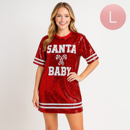Santa Baby Message Christmas Red Sequin Jersey Top-Large