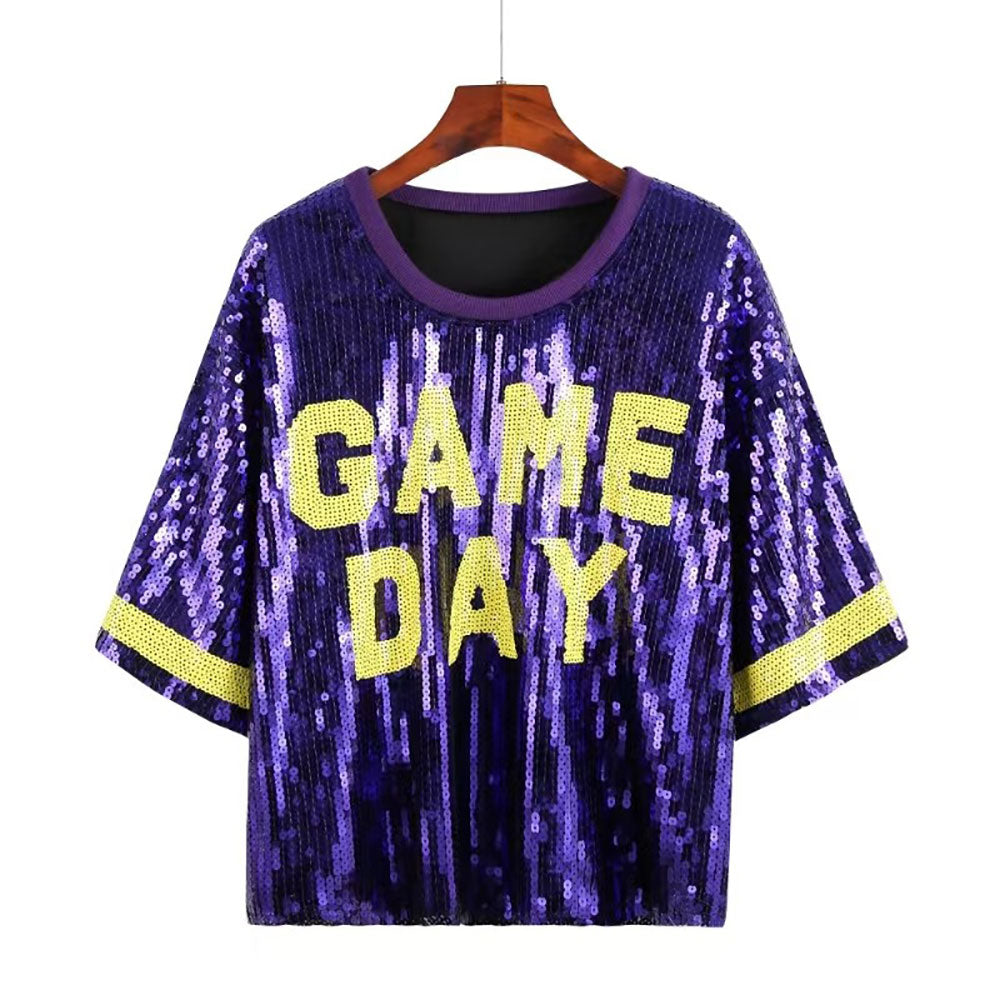 Purple & Yellow GAME DAY Sequin Crop Top