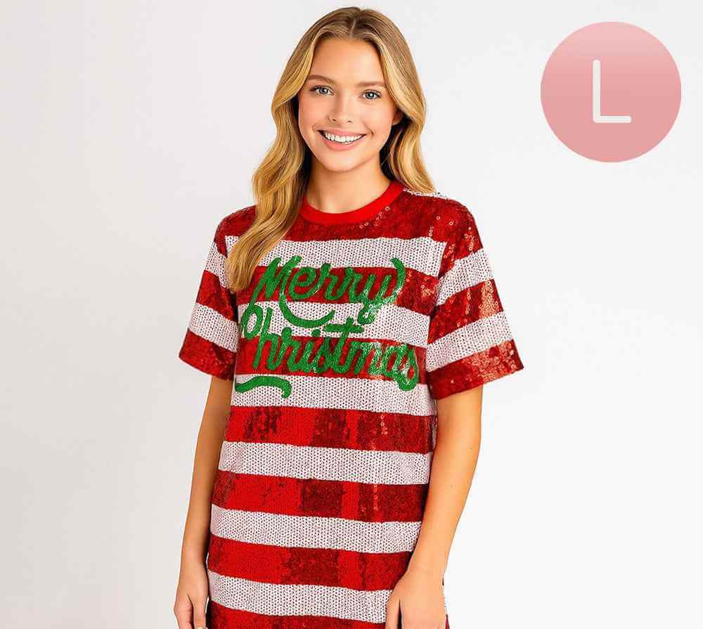 Sequin MERRY CHRISTMAS Striped Holiday Long Party Shirt-Size-Large