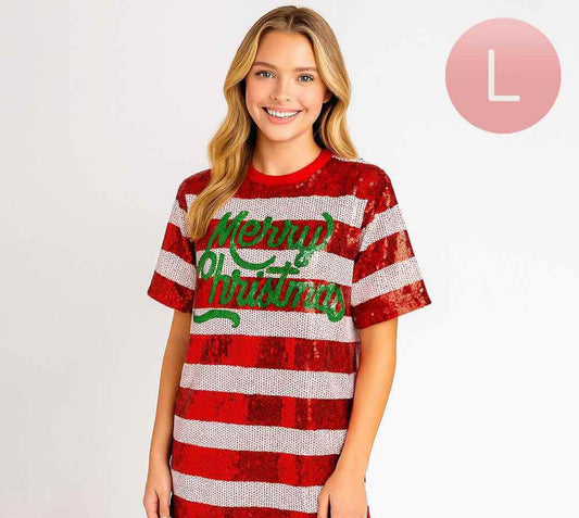 Sequin MERRY CHRISTMAS Striped Holiday Long Party Shirt-Size-Large