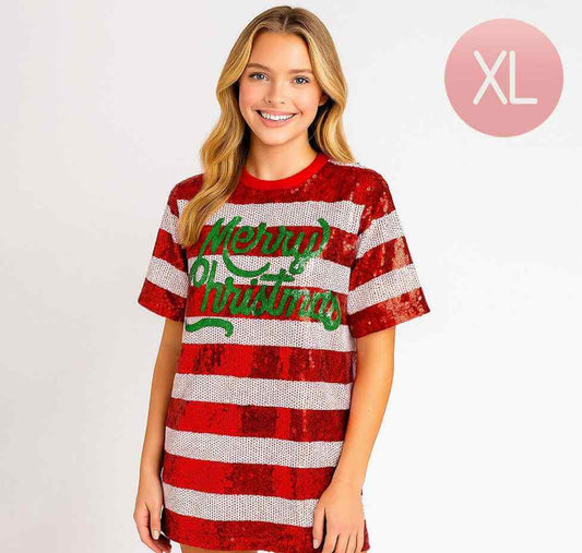Sequin MERRY CHRISTMAS Striped Holiday Long Party Shirt-Size-X-Large