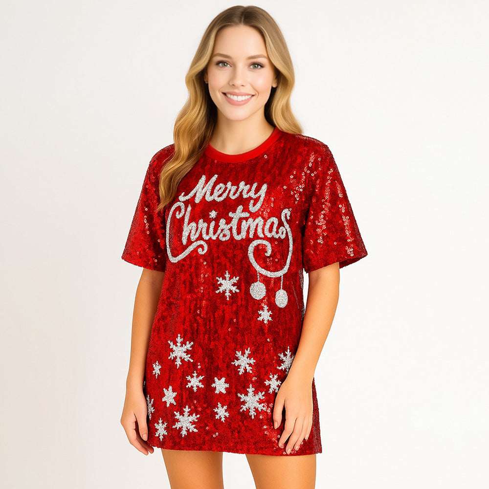 MERRY CHRISTMAS Sequin Snowflake Red Holiday Long Party Shirt-Large - M H W ACCESSORIES LLC