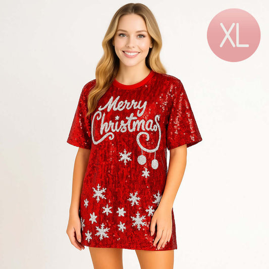 MERRY CHRISTMAS Sequin Snowflake Red Holiday Long Party Shirt-X-Large - M H W ACCESSORIES LLC