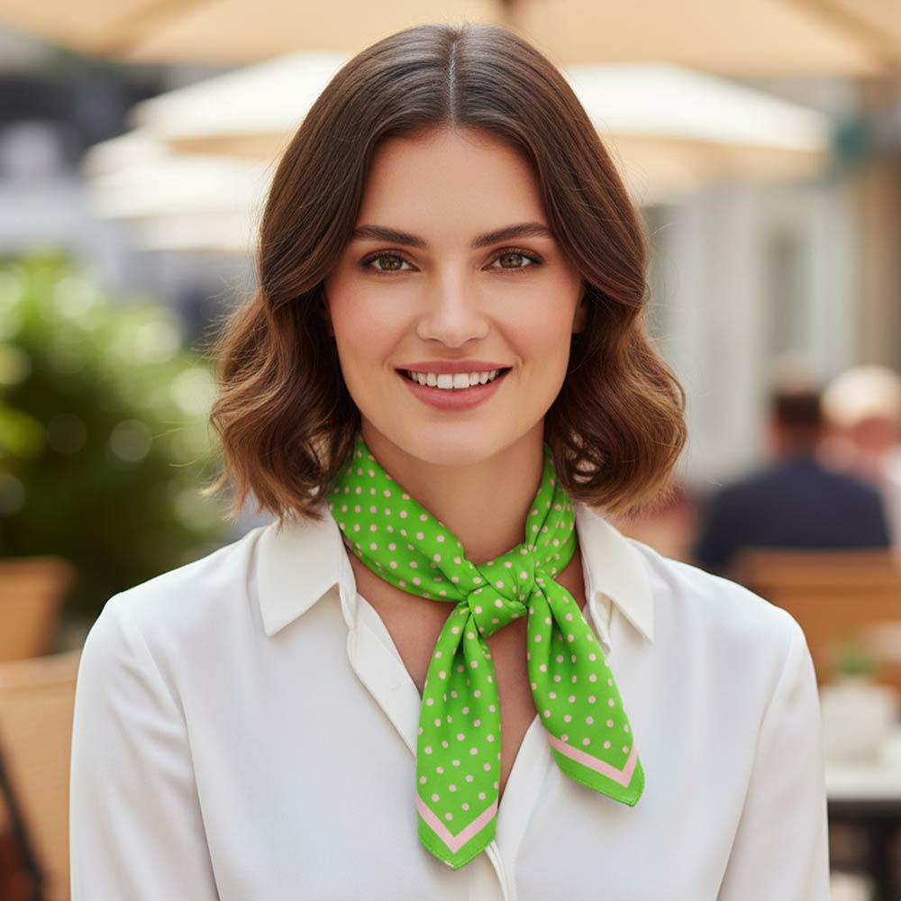 Green & Pink Polka Dot Pattern Printed Square Silky Satin Bandana Scarf