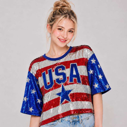 American USA Festive Sequin Patriot Graphic Top for Women M H W ACCESSORIES LLC American USA Festive Sequin Patriot Graphic Top for Women