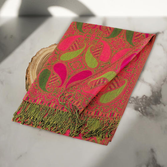 Pink & Green Large Paisley Pashmina Scarf Shawl