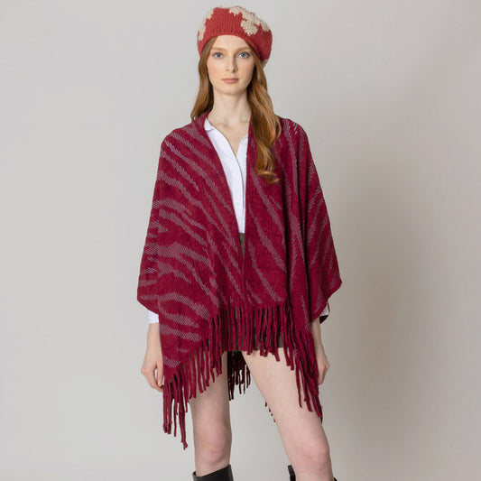 Burgundy Zebra Print Crochet Poncho