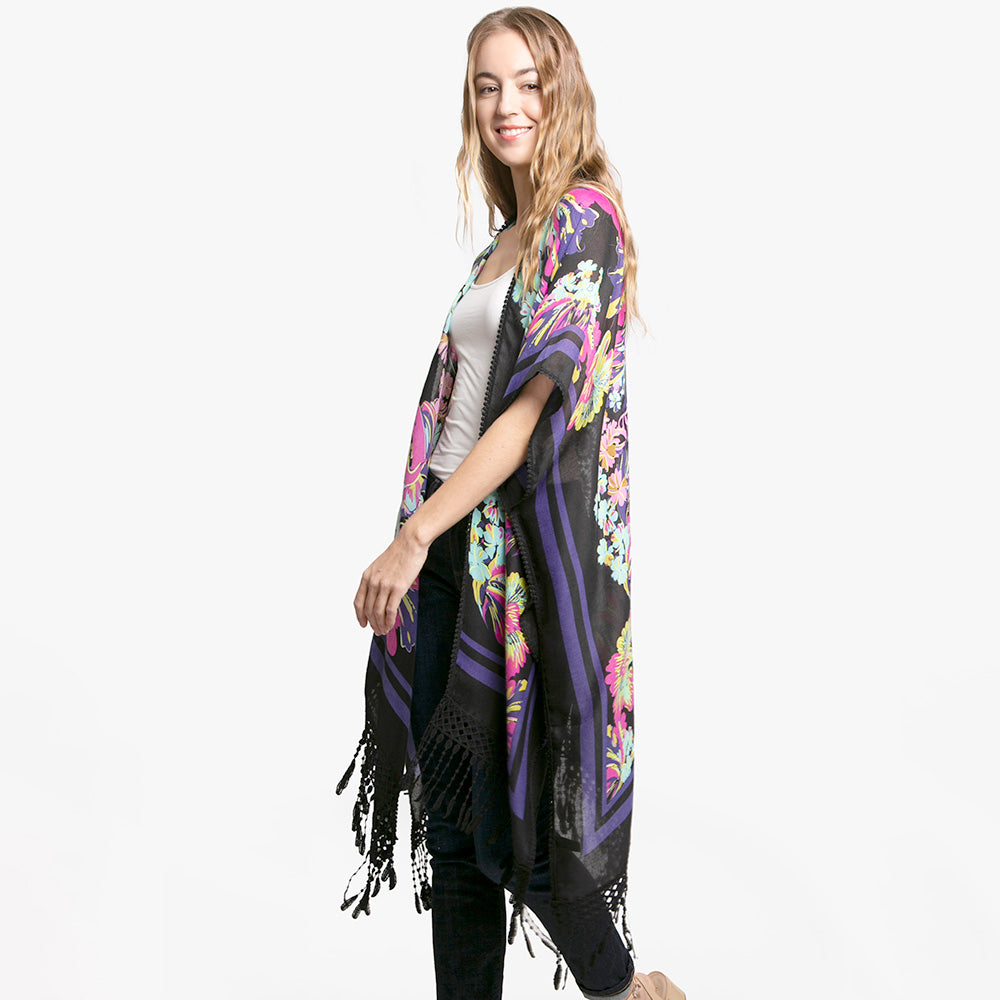 Navy Floral Patterned Lace Cover Up Kimono Poncho - M H W ACCESSORIES LLC