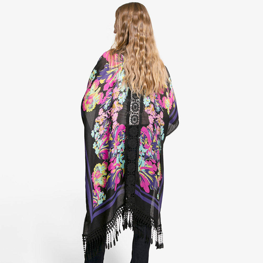 Navy Floral Patterned Lace Cover Up Kimono Poncho - M H W ACCESSORIES LLC