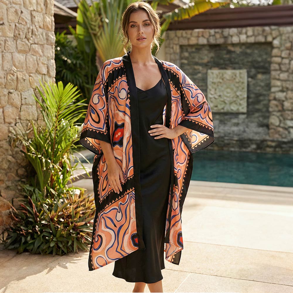 Black Silk Feel Boho Open Front Long Kimono Cover Up Poncho M H W ACCESSORIES LLC Black Silk Feel Boho Open Front Long Kimono Cover Up Poncho
