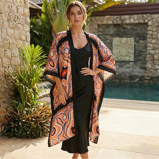 Black Silk Feel Boho Open Front Long Kimono Cover Up Poncho M H W ACCESSORIES LLC Black Silk Feel Boho Open Front Long Kimono Cover Up Poncho