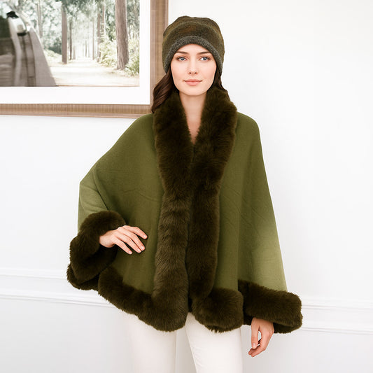 Green Elegant Faux Fur Trim Cape Poncho