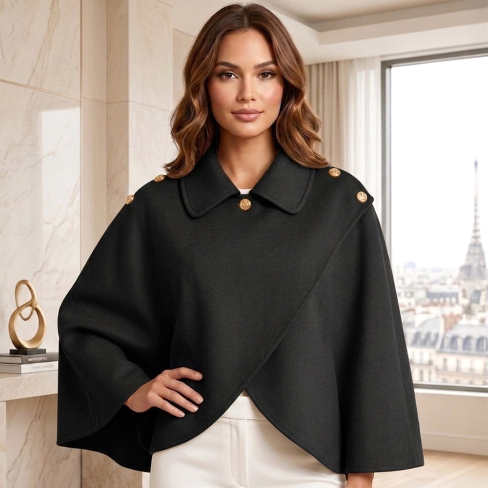 Black Button Cape Coat Poncho Elegant Stylish Poncho M H W ACCESSORIES LLC Black Button Cape Coat Poncho Elegant Stylish Poncho