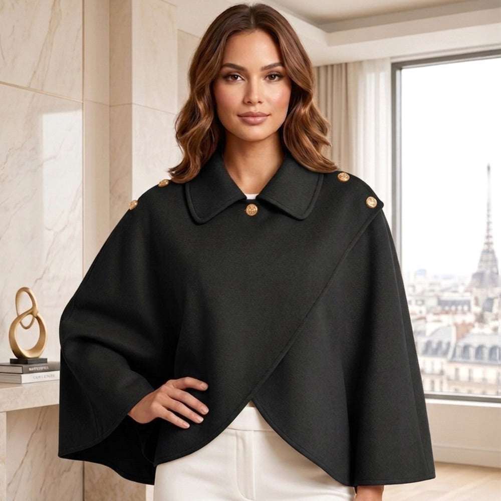Black Button Cape Coat Poncho Elegant Stylish Poncho M H W ACCESSORIES LLC Black Button Cape Coat Poncho Elegant Stylish Poncho