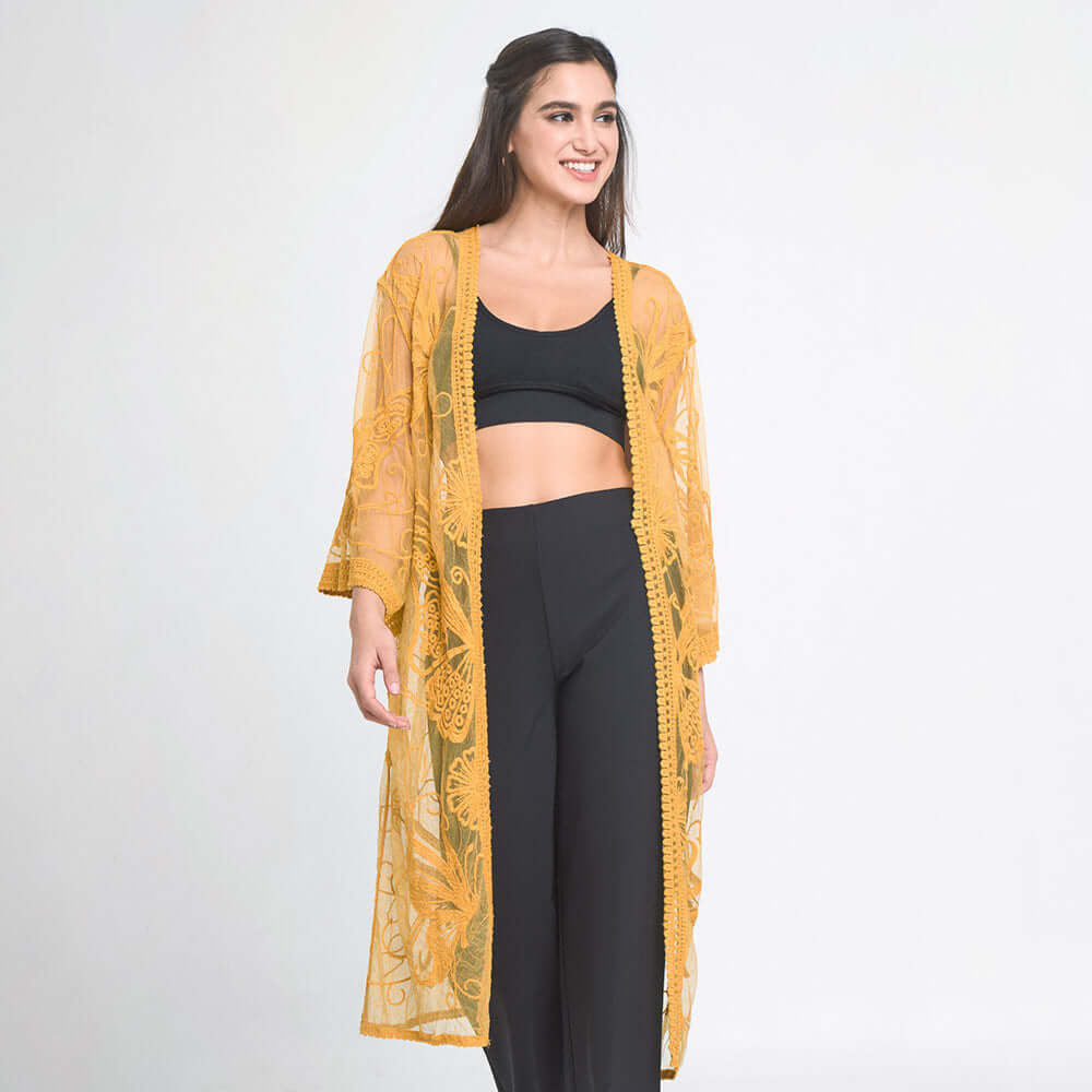 Yellow Mustard Butterfly Lace Cover Up Kimono Poncho - M H W ACCESSORIES LLC