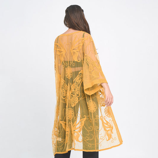 Yellow Mustard Butterfly Lace Cover Up Kimono Poncho - M H W ACCESSORIES LLC