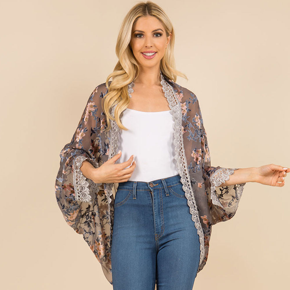 Scalloped Lace Trim Open Front Burnout Gray Floral Print Kimono Wrap Poncho