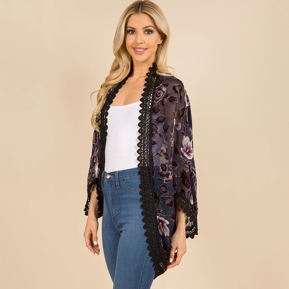 Scalloped Lace Trim Open Front Burnout Floral Print Kimono Wrap Poncho