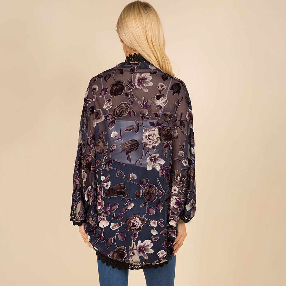 Scalloped Lace Trim Open Front Burnout Floral Print Kimono Wrap Poncho