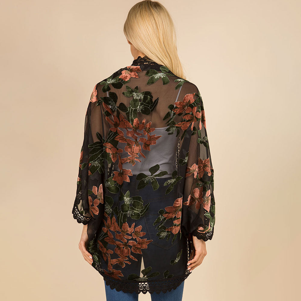 Scalloped Lace Trim Open Front Burnout Pink Floral Print Kimono Wrap Poncho