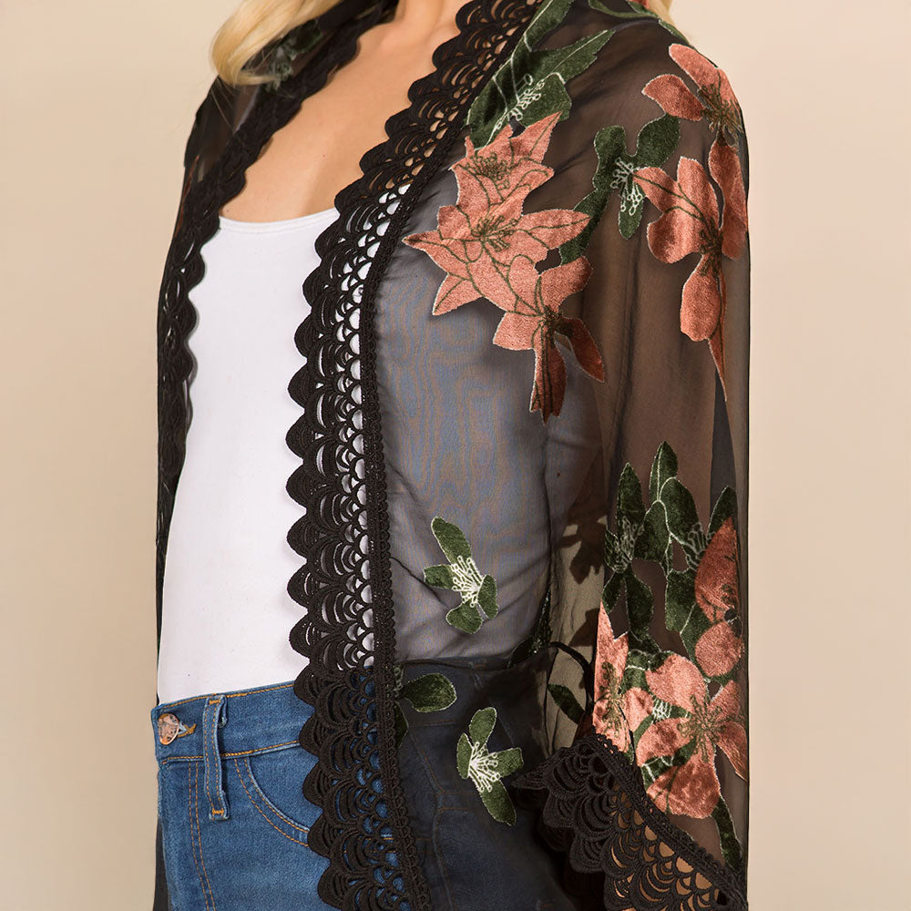 Scalloped Lace Trim Open Front Burnout Pink Floral Print Kimono Wrap Poncho