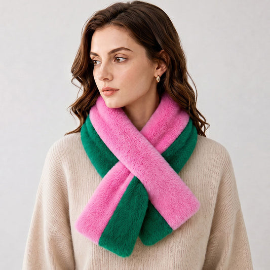 Two Tone Plush Pink & Green Faux Fur Pull Through Winter Scarf M H W ACCESSORIES LLC Two Tone Plush Pink & Green Faux Fur Pull Through Winter Scarf