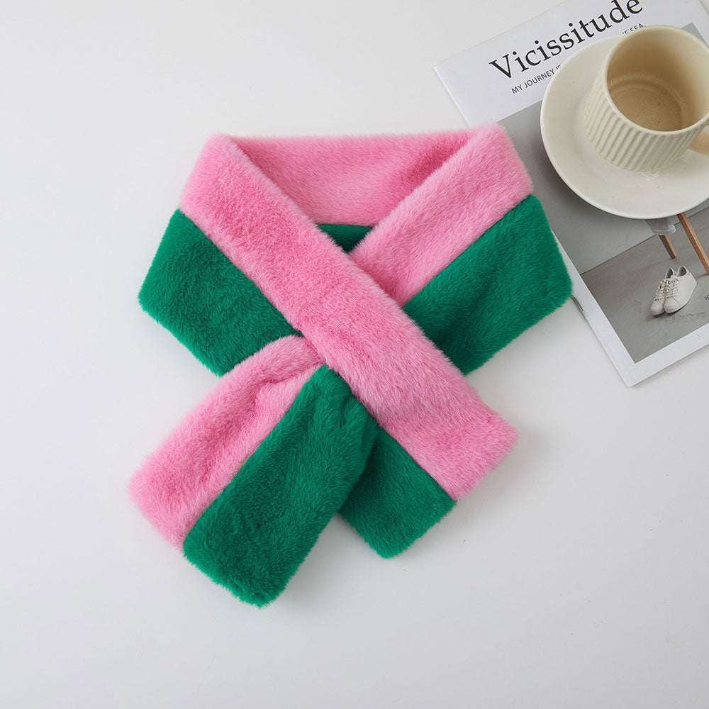 Two Tone Plush Pink & Green Faux Fur Pull Through Winter Scarf M H W ACCESSORIES LLC Two Tone Plush Pink & Green Faux Fur Pull Through Winter Scarf