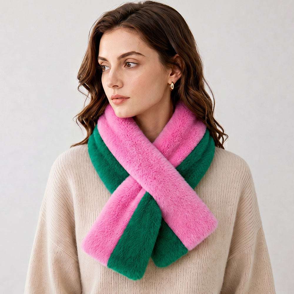 Two Tone Plush Pink & Green Faux Fur Pull Through Winter Scarf M H W ACCESSORIES LLC Two Tone Plush Pink & Green Faux Fur Pull Through Winter Scarf