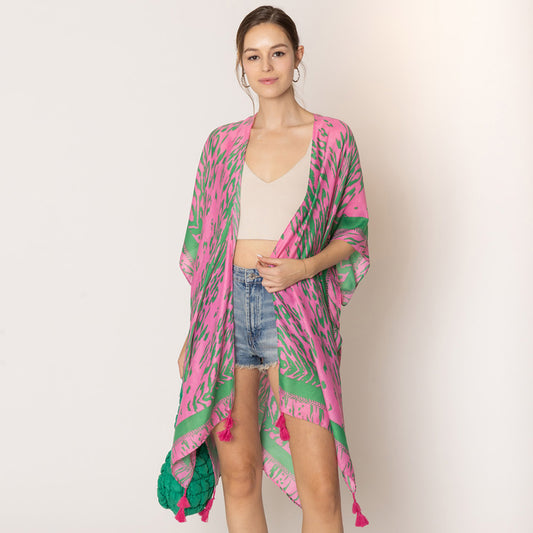 Pink & Green Animal Print Kimono Poncho With Tassel for Women - M H W ACCESSORIES LLC