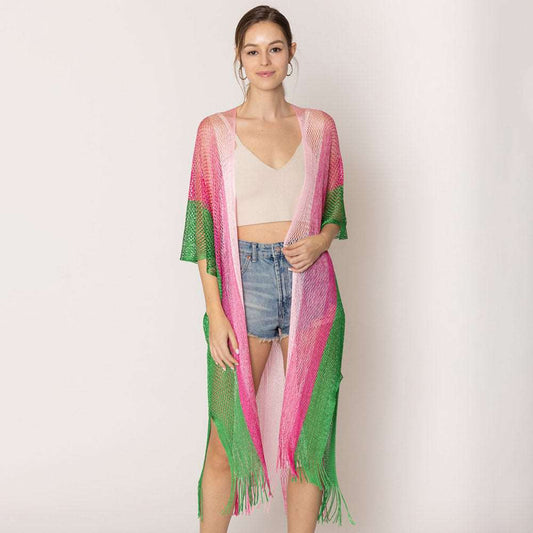 Pink and Green Two-Tone Lurex Kimono Poncho for Women - M H W ACCESSORIES LLC