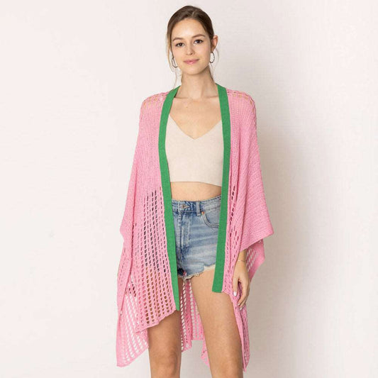 Pink and Green Chest Blocked Crochet Ruana Poncho for Women - M H W ACCESSORIES LLC