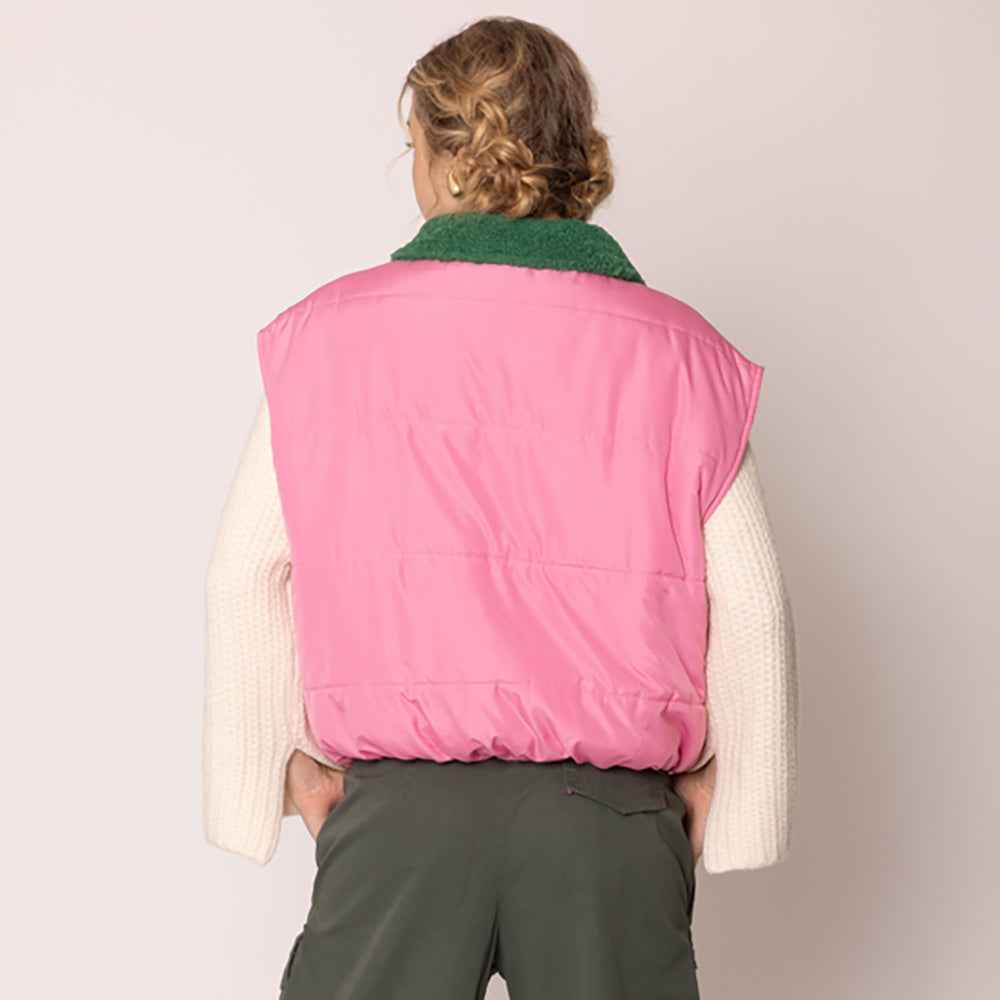 Pink & Green Zip-Up Shearing Collar Puffer Vest
