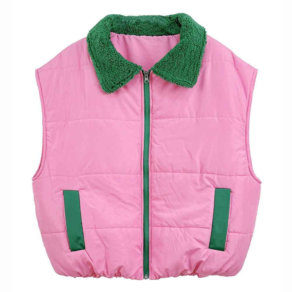 Pink & Green Zip-Up Shearing Collar Puffer Vest