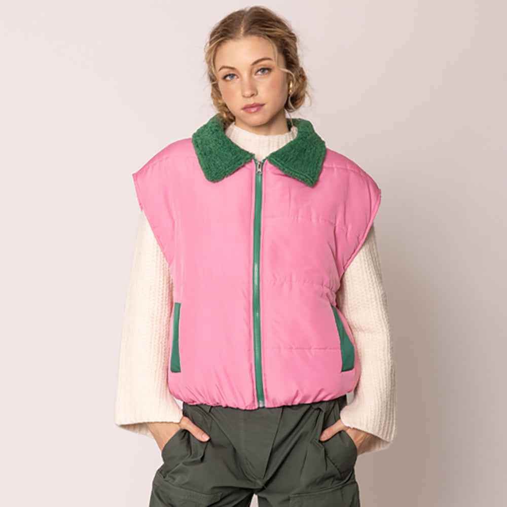 Pink & Green Zip-Up Shearing Collar Puffer Vest