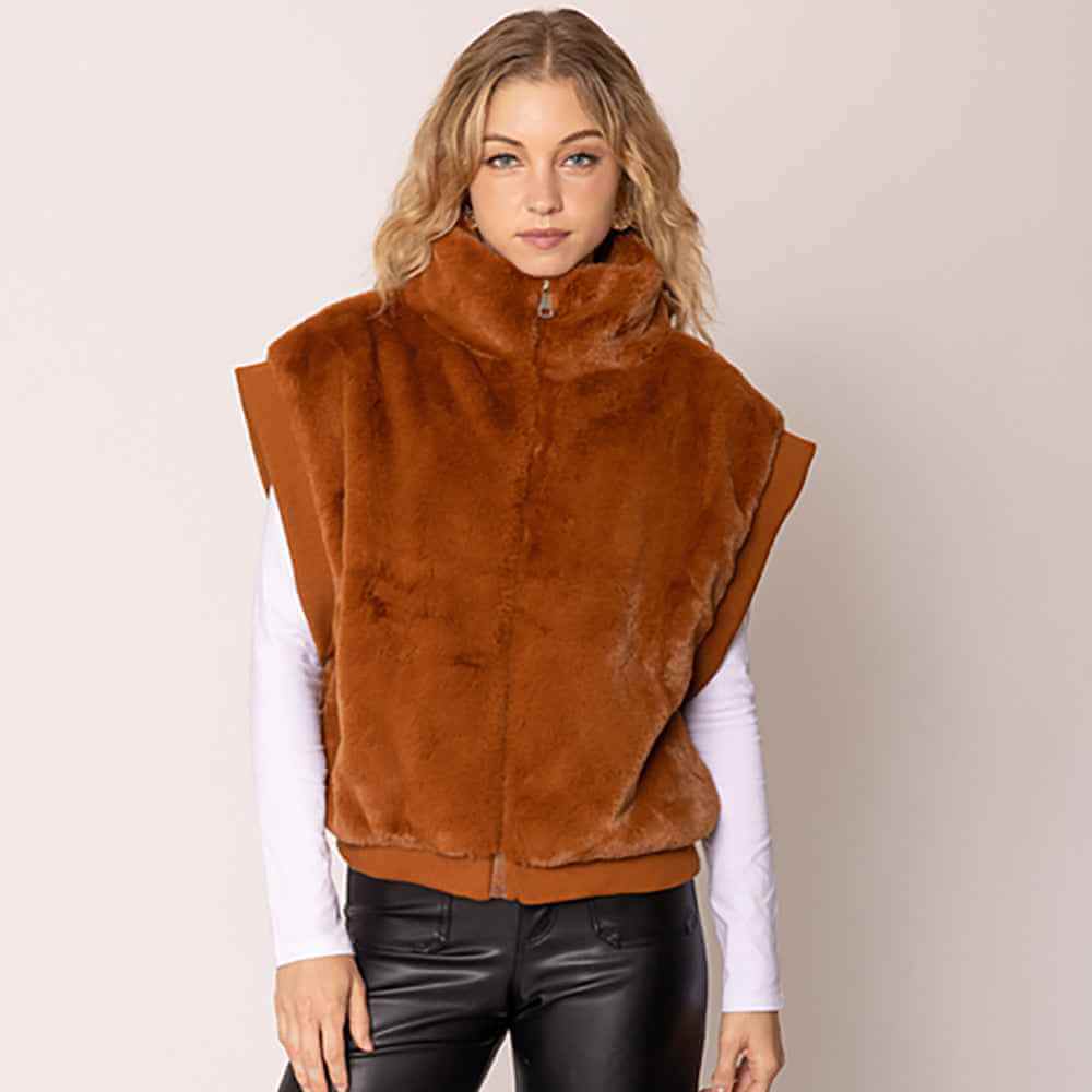 Rust Faux Fur Rib Sleeve Vest