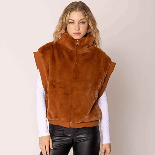Rust Faux Fur Rib Sleeve Vest