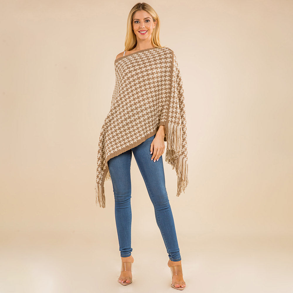 Camel Fringe Hem Houndstooth Knit Poncho