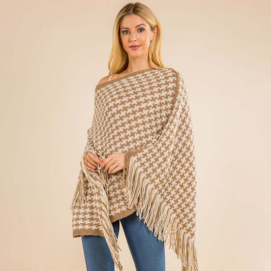 Camel Fringe Hem Houndstooth Knit Poncho