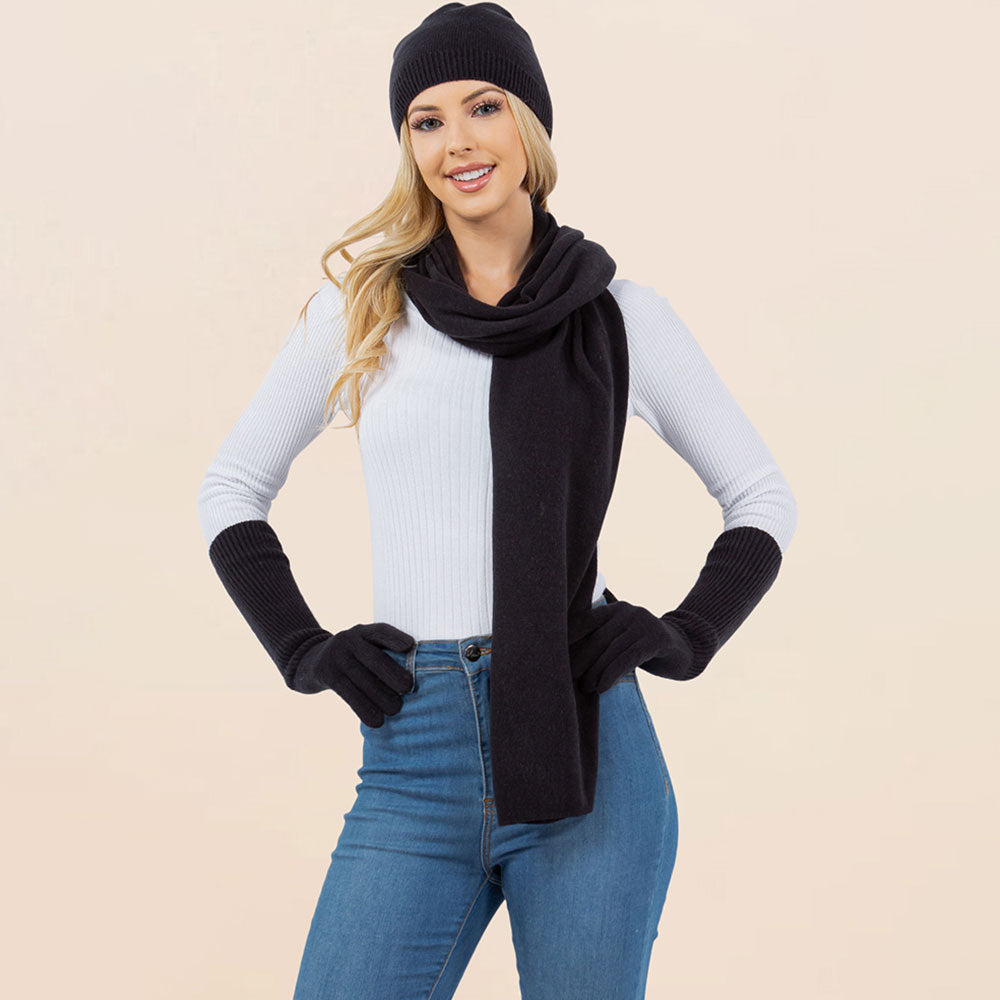 Women’s Black Knit Beanie, Scarf & Gloves Set – 3-Piece Winter Accessories M H W ACCESSORIES LLC Women’s Black Knit Beanie, Scarf & Gloves Set – 3-Piece Winter Accessories