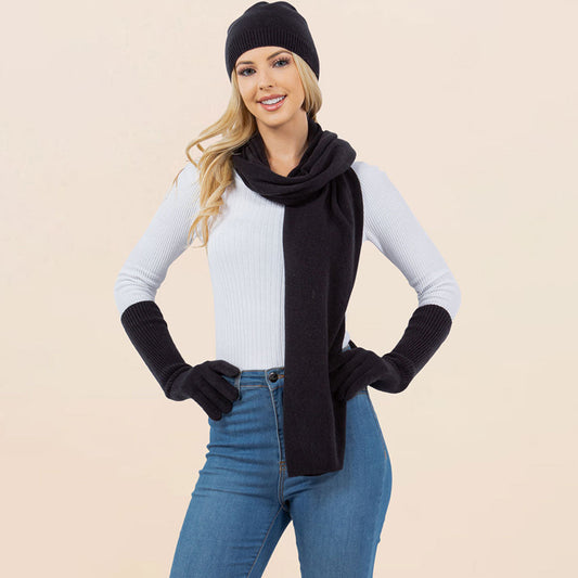 Women’s Black Knit Beanie, Scarf & Gloves Set – 3-Piece Winter Accessories M H W ACCESSORIES LLC Women’s Black Knit Beanie, Scarf & Gloves Set – 3-Piece Winter Accessories