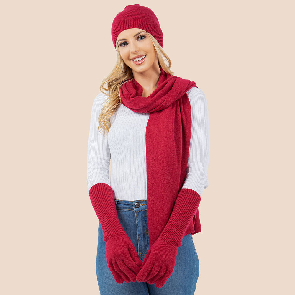 Women’s Burgundy Knit Beanie, Scarf & Gloves Set – 3-Piece Winter Accessories M H W ACCESSORIES LLC Women’s Burgundy Knit Beanie, Scarf & Gloves Set – 3-Piece Winter Accessories