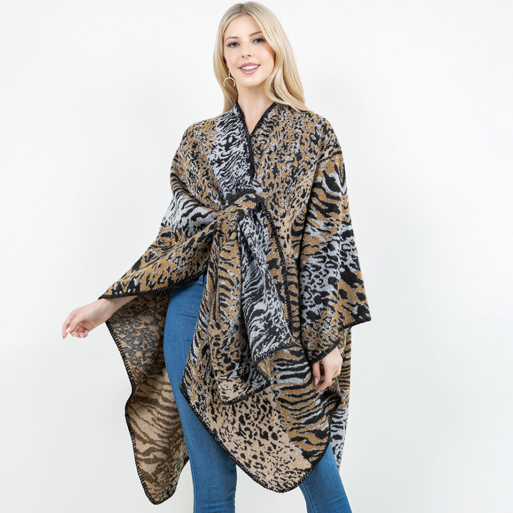 Kamel Open Front Animal Print Shawl Wrap Poncho with Loop M H W ACCESSORIES LLC Kamel Open Front Animal Print Shawl Wrap Poncho with Loop