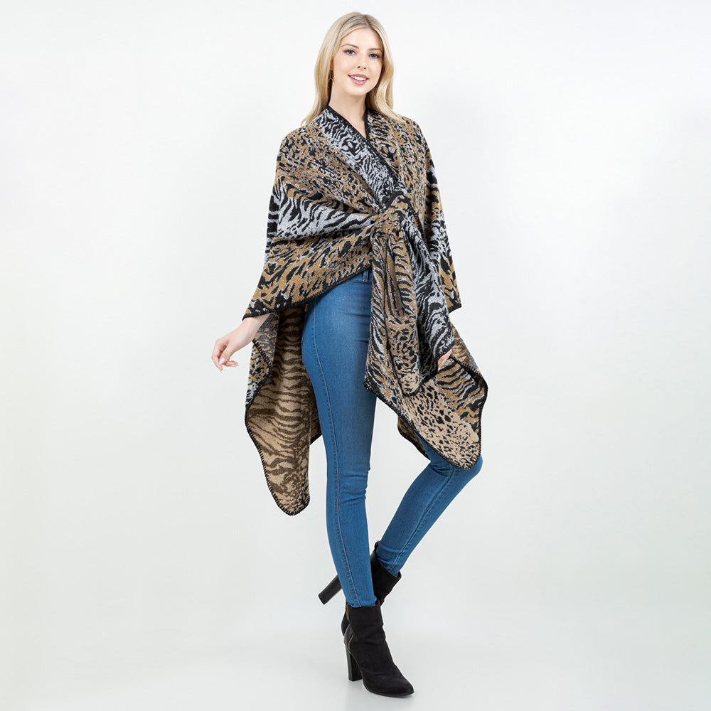 Kamel Open Front Animal Print Shawl Wrap Poncho with Loop M H W ACCESSORIES LLC Kamel Open Front Animal Print Shawl Wrap Poncho with Loop