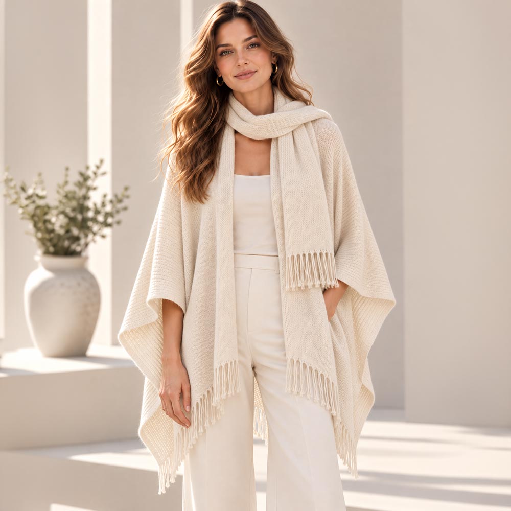 Fringe Trim Ivory Oversized Scarf Poncho for Women M H W ACCESSORIES LLC Fringe Trim Ivory Oversized Scarf Poncho for Women
