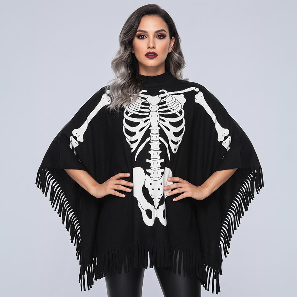 Halloween Skeleton Print Fringe Costume Cape Poncho M H W ACCESSORIES LLC Halloween Skeleton Print Fringe Costume Cape Poncho