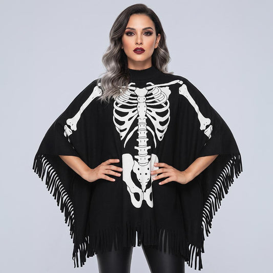 Halloween Skeleton Print Fringe Costume Cape Poncho M H W ACCESSORIES LLC Halloween Skeleton Print Fringe Costume Cape Poncho