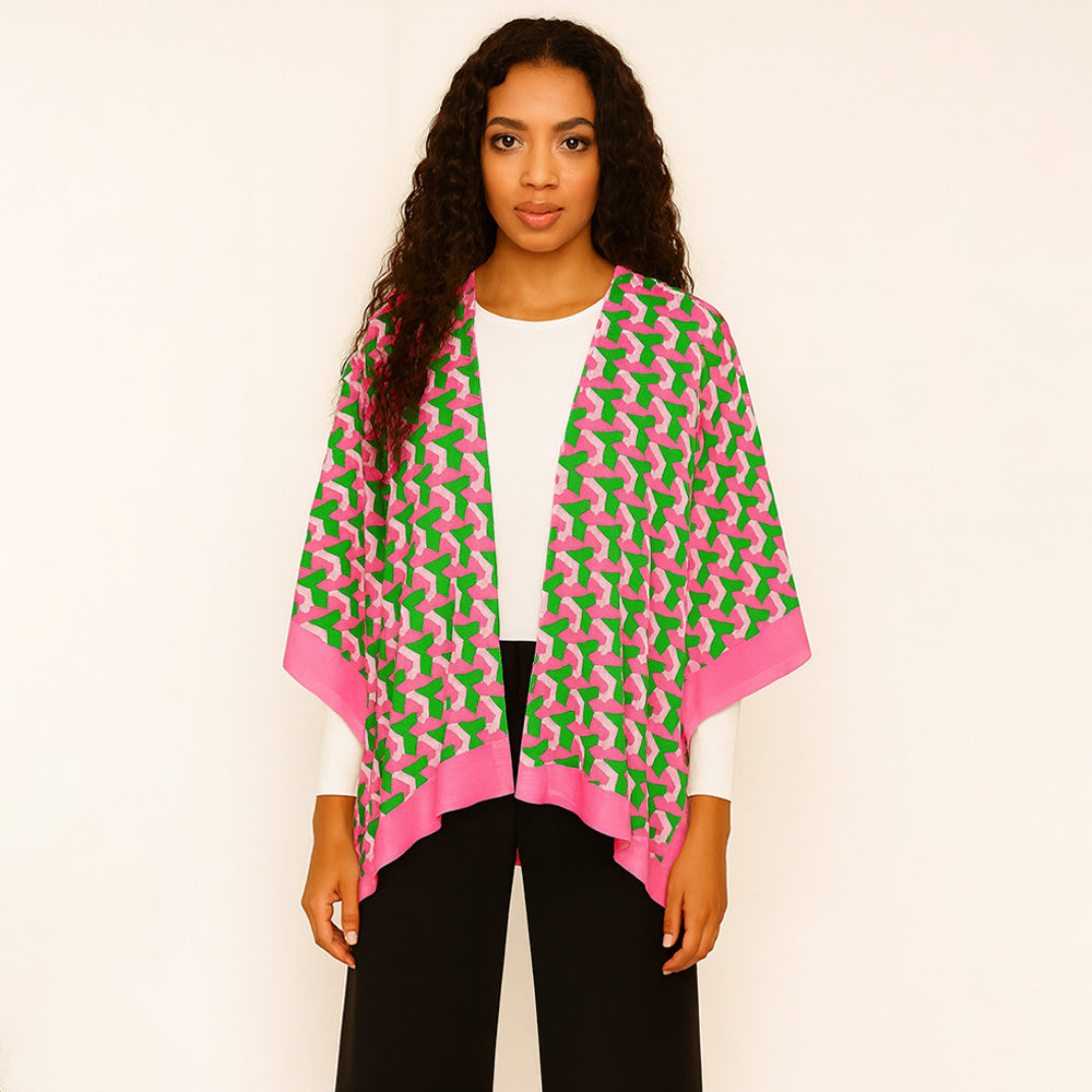 Pink & Green Geometric Pattern Print Ruana Poncho (Copy) M H W ACCESSORIES LLC Pink & Green Geometric Pattern Print Ruana Poncho (Copy)